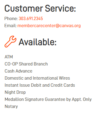 Canvas Credit Union location information include phone, email, and services