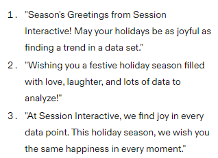 Examples of holiday greetings from an AI tool