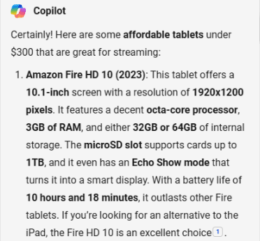 Copilot recommendations for 'best tablets 2024 under $300 for streaming'