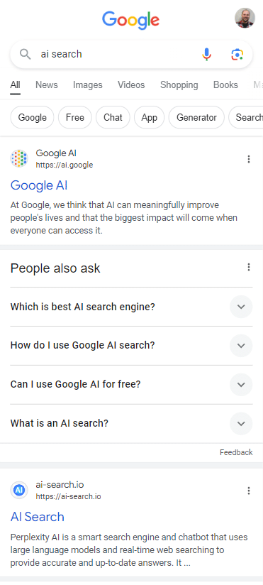 Google search results for 'AI search' in March, 2024.