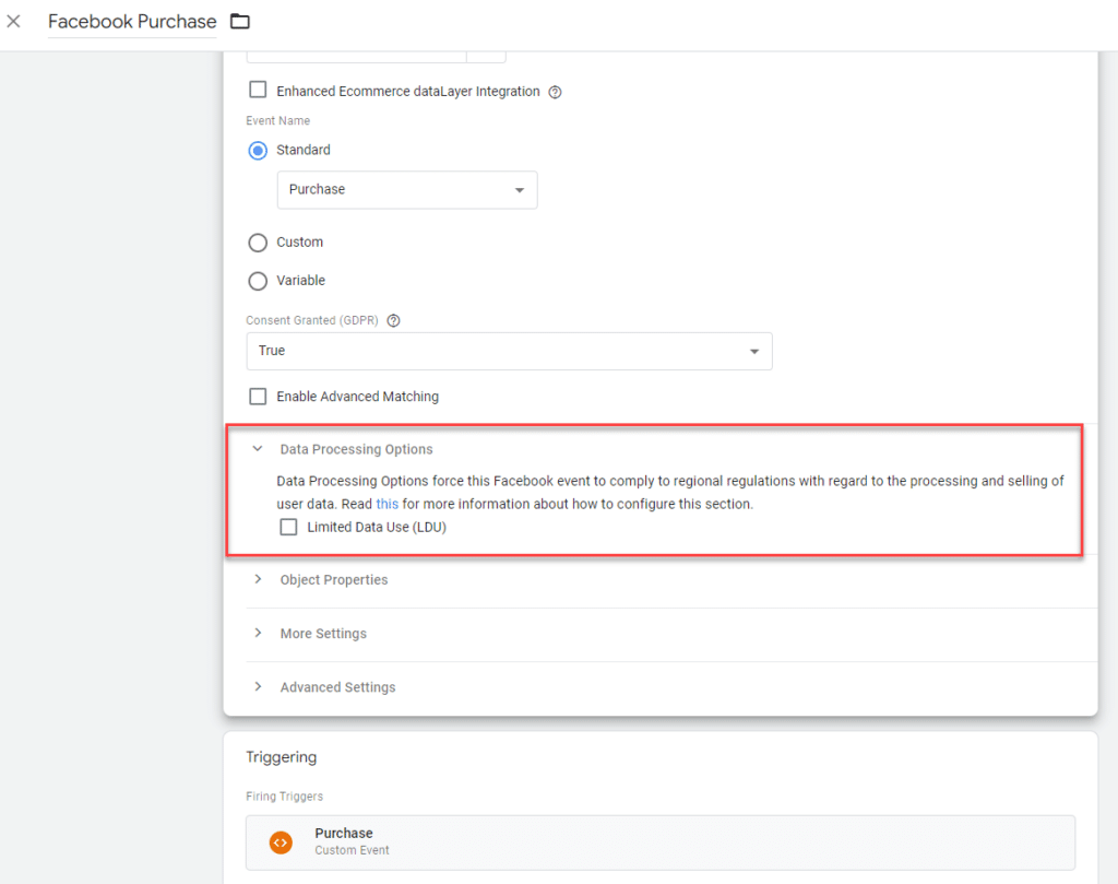 A Facebook tag in Google Tag Manager. The checkbox for Limited Data Use (L:DU) under Data Processing Options is unchecked.