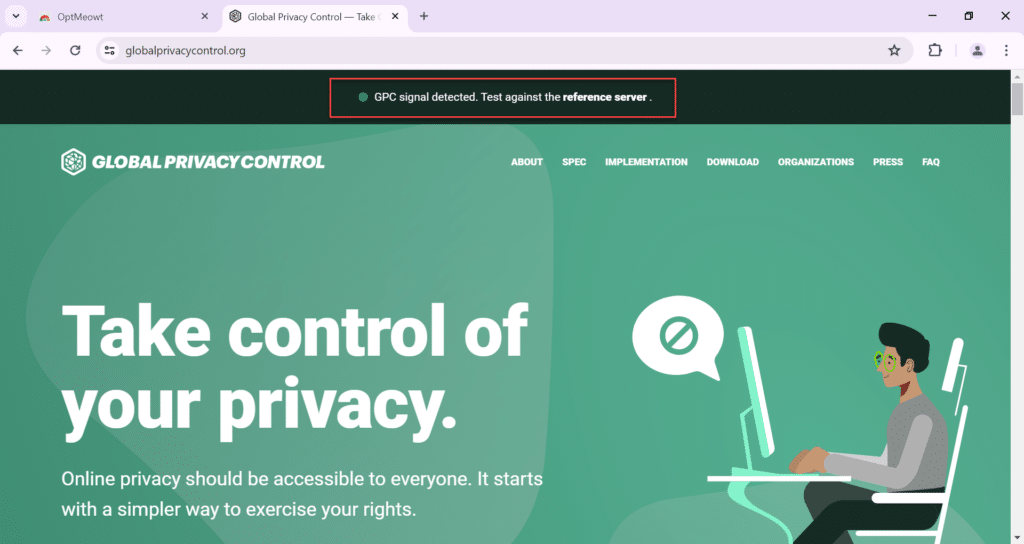 Global Privacy Control homepage. A banner at the top of the page reads: GPC signal detected. Test against the reference server.