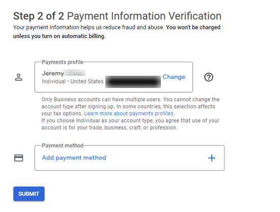 Payment information verification form for Google Cloud.