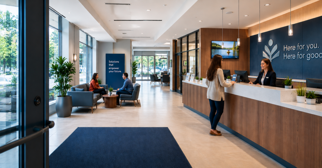 Modern credit union lobby viewed from the entrance, with a member speaking to a receptionist at the front desk, a comfortable waiting area, floor-to-ceiling windows, and a nature scene displayed on a wall-mounted television.