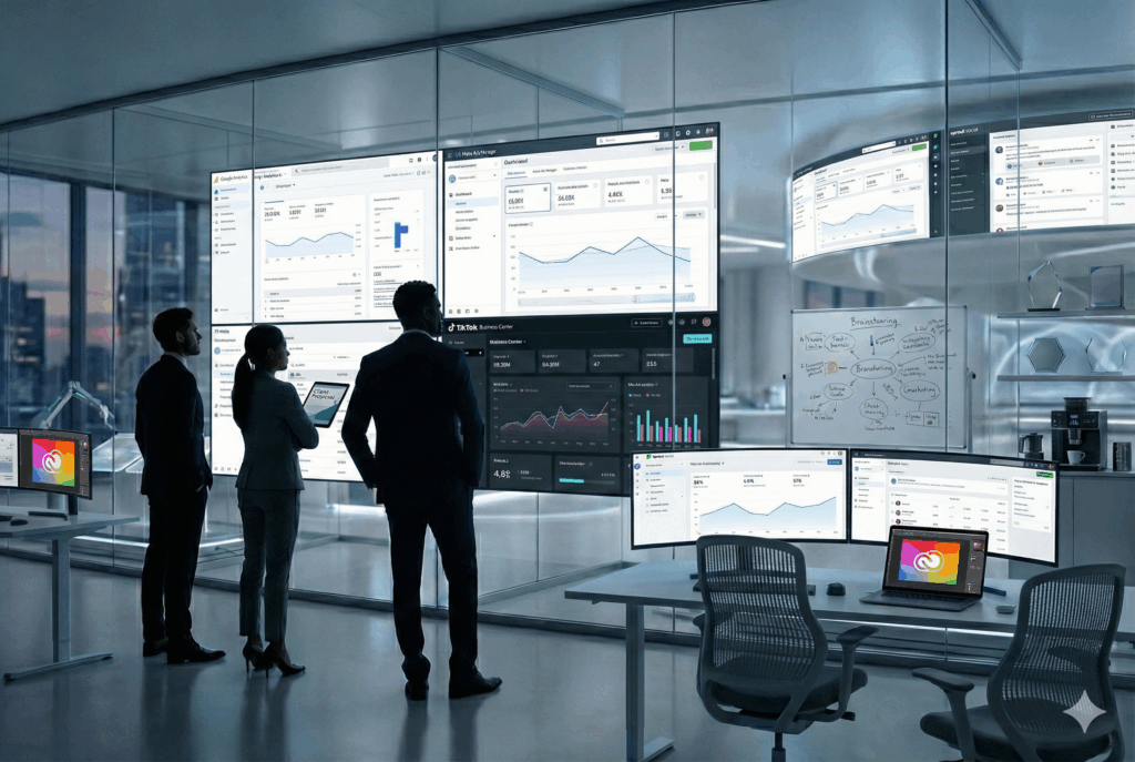 Three business professionals in silhouette view multiple dashboard displays showing analytics data, graphs, and metrics in a modern glass-walled office with digital screens and workstations.