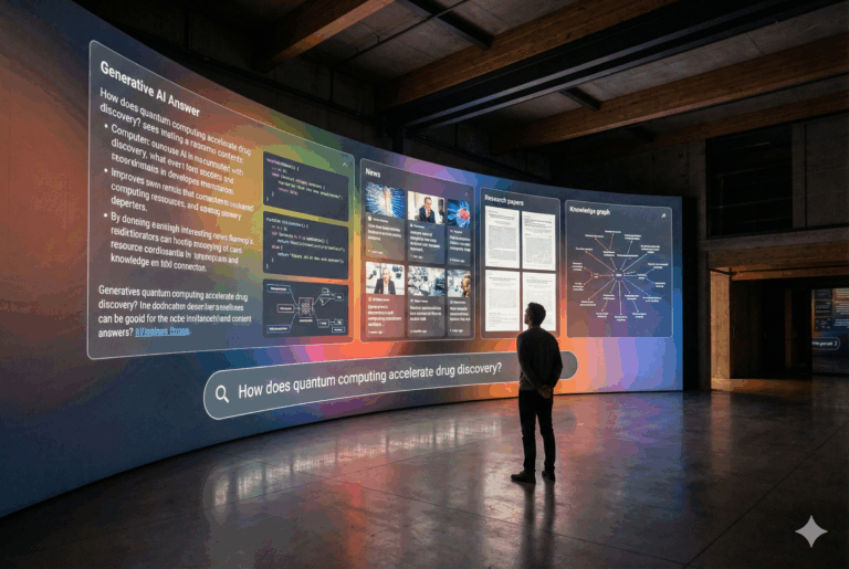 Person viewing large interactive display showing generative AI search results for "How does quantum computing accelerate drug discovery?" with organized panels of text, news, research papers, and knowledge graphs.