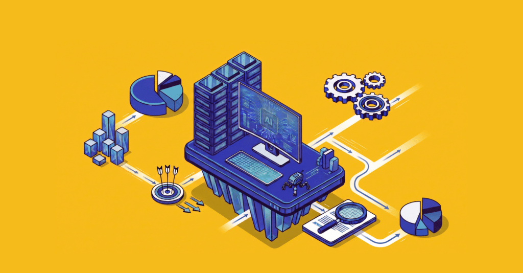 Isometric illustration of an AI workstation with server racks, surrounded by pie charts, bar graphs, gears, a target, and a magnifying glass connected by data flow paths.