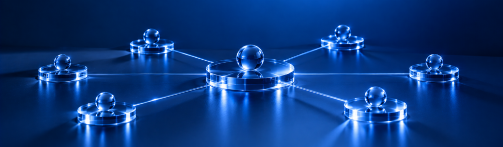 Glowing glass hub connected by lines of light to six surrounding nodes, representing an integrated marketing network.