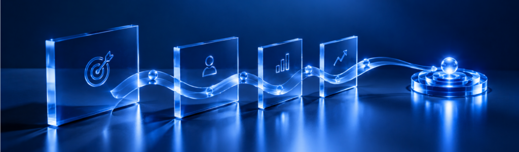Glowing glass panels with target, audience, bar chart, and upward trend icons linked by a light ribbon that ends at a bullseye, representing a connected marketing performance framework.